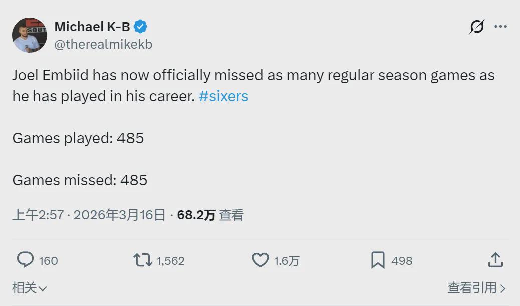 不打了！缺席485场！35岁年薪6900万美元